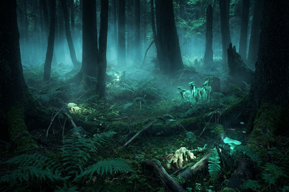 Dark, misty forest floor with glowing mushrooms and ferns among tall tree trunks.