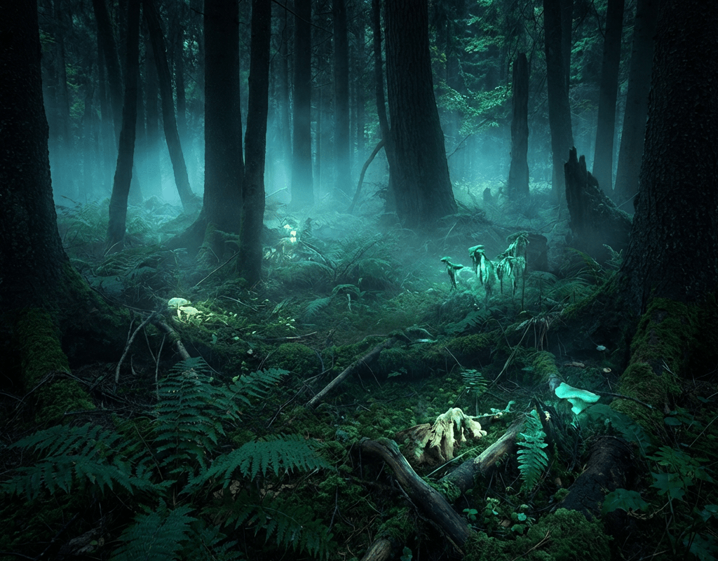 Dark, misty forest floor with glowing mushrooms and ferns among tall tree trunks.