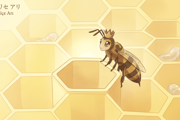 A queen bee wearing a crown perched on a hexagonal honeycomb cell with larvae in surrounding cells