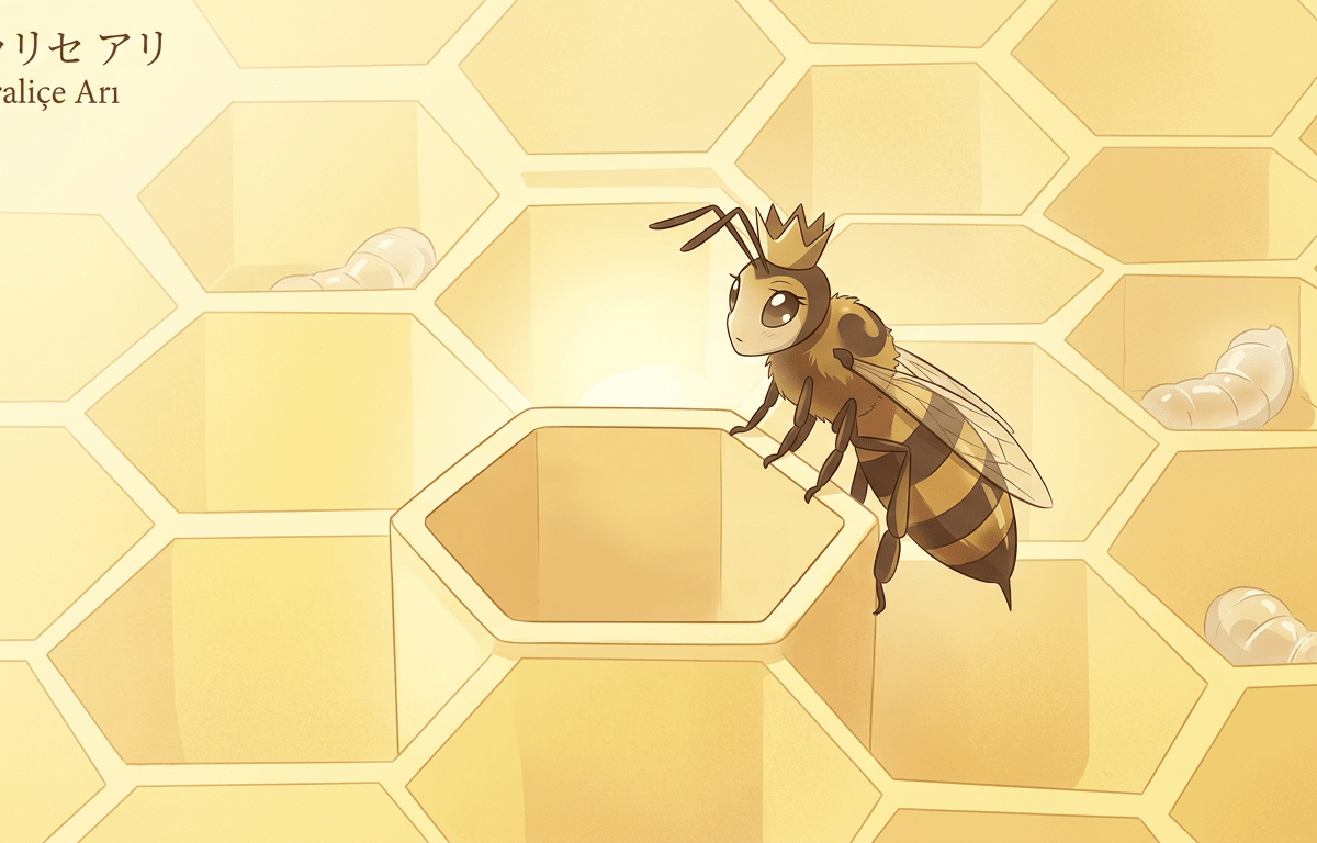 A queen bee wearing a crown perched on a hexagonal honeycomb cell with larvae in surrounding cells