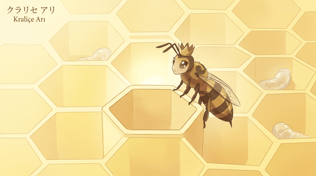A queen bee wearing a crown perched on a hexagonal honeycomb cell with larvae in surrounding cells